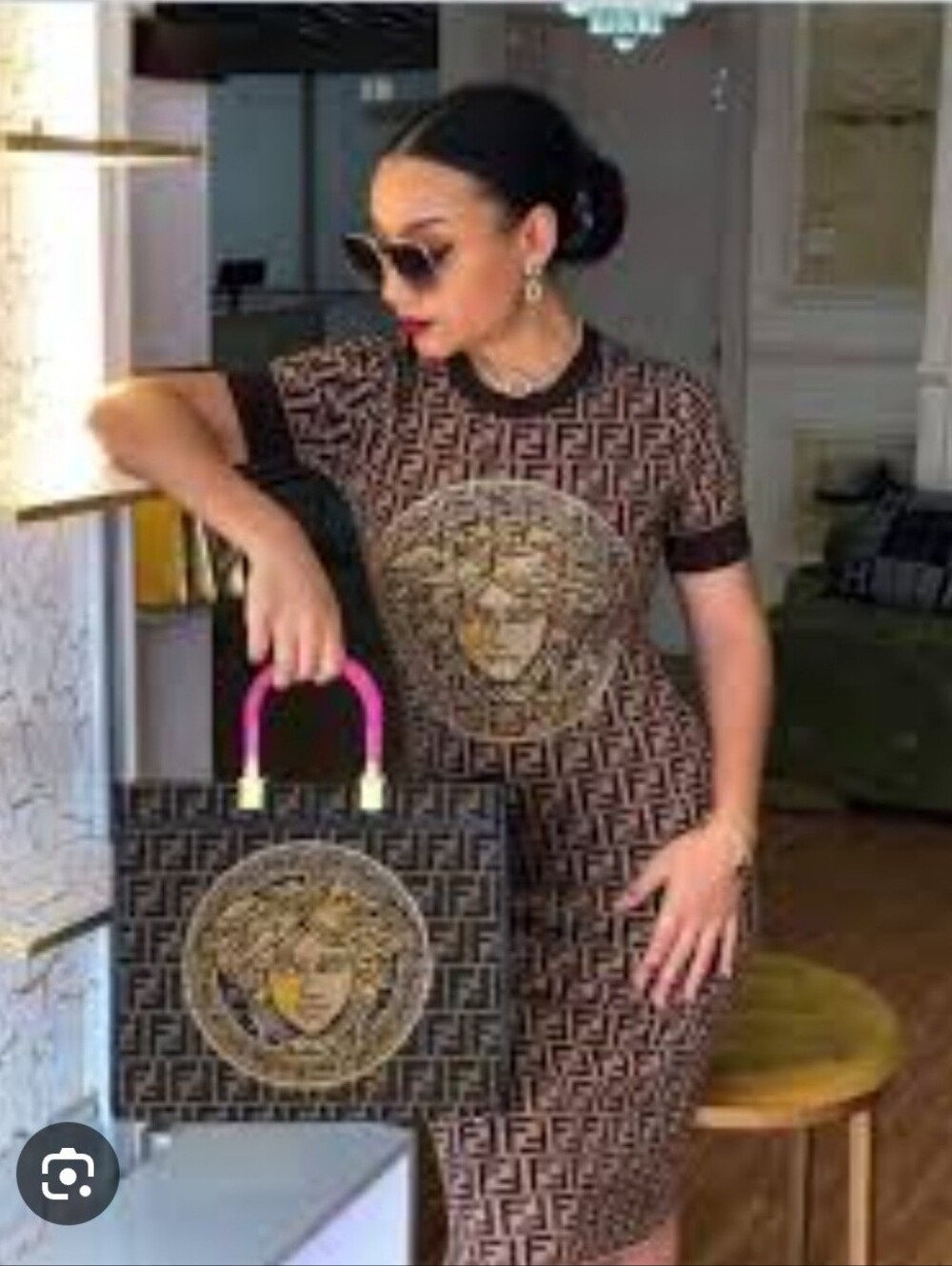 Very Rarefendi+ vesece Fendi Tan and Olive FF Logo Mini Dress with Sequin Medusa